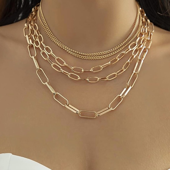 NEW! 14K Gold 5 Layered Paperclip Chains Choker Necklace Adjustable - Picture 14 of 15